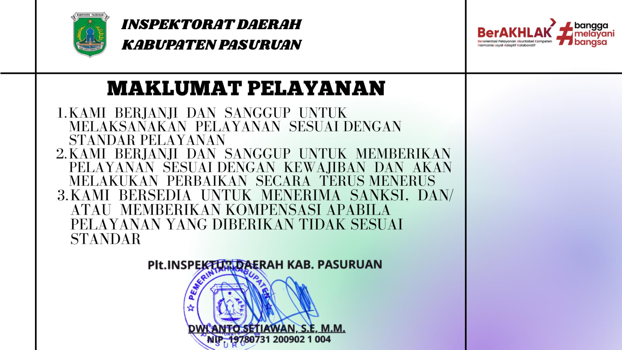 MAKLUMAT PELAYANAN INSPEKTORAT DAERAH KAB. PASURUAN